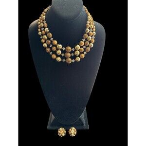 Vintage Lisner Gold Tone Multi Strand Beaded Necklace Clip On Earrings Set Signe